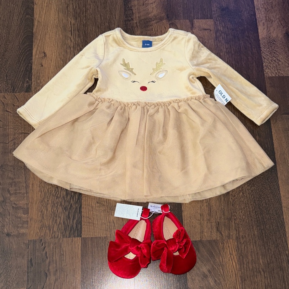 NWT Old Navy Rudolph Reindeer Dress with NWT Red Velvet Shoes (size 3-6 mos)